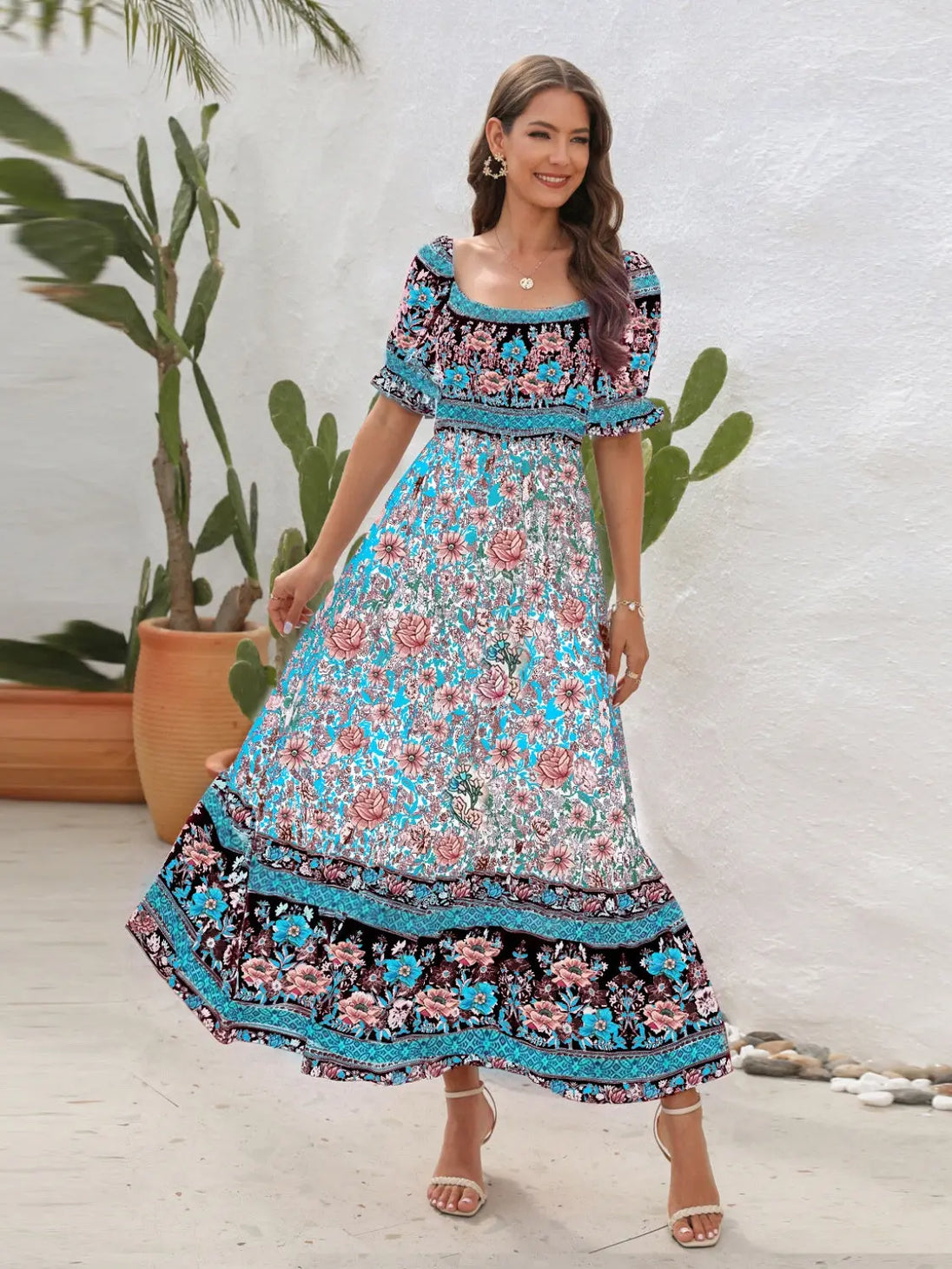 Floral Flounce Sleeve Midi Dress -BazaarBey - www.shopbazaarbey.com