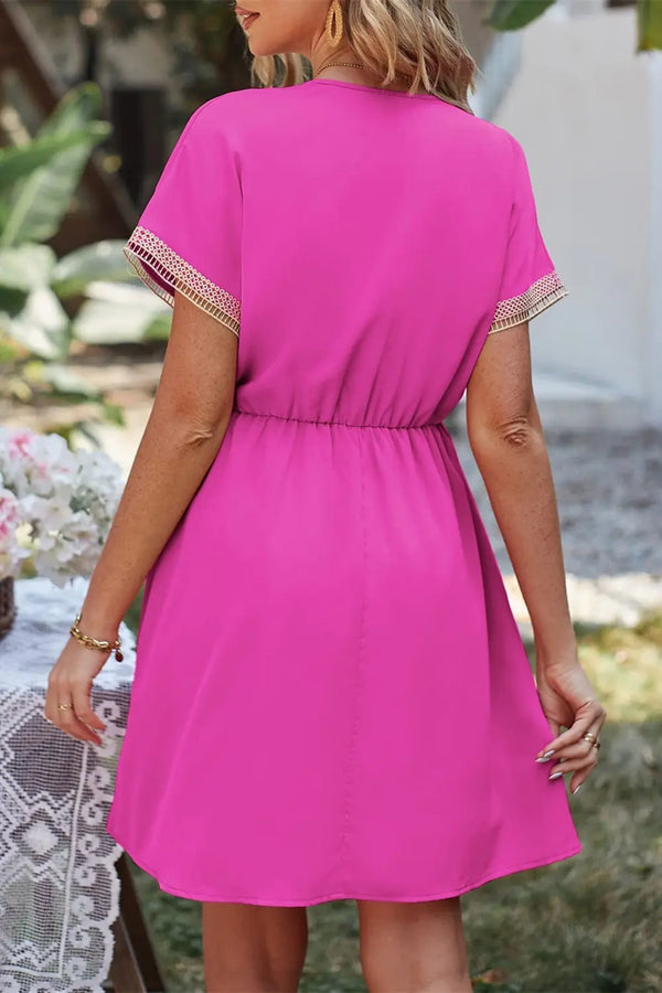 Tassel V-Neck Short Sleeve Dress -BazaarBey - www.shopbazaarbey.com