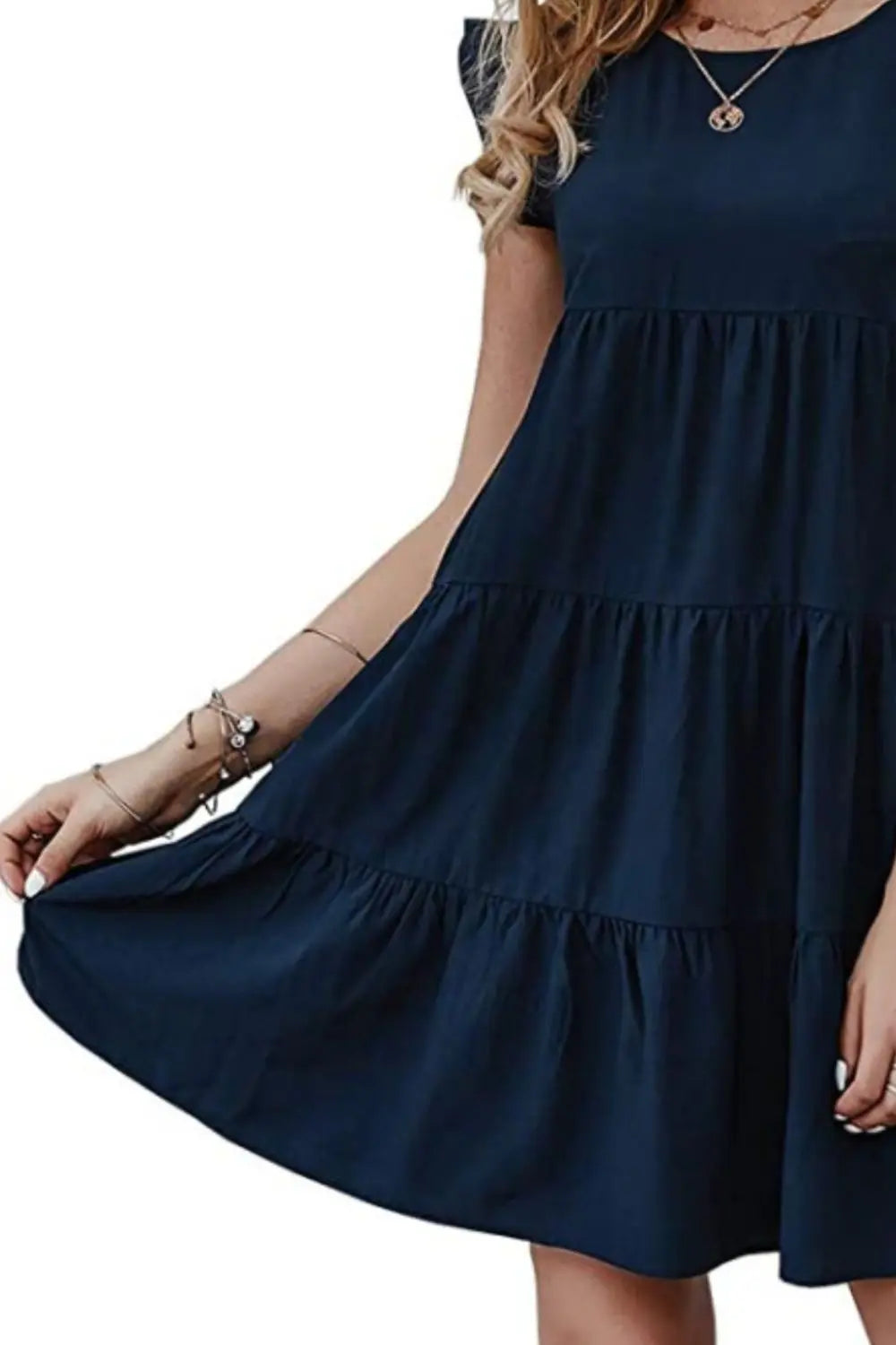 Ruffled Round Neck Cap Sleeve Mini Dress -BazaarBey - www.shopbazaarbey.com