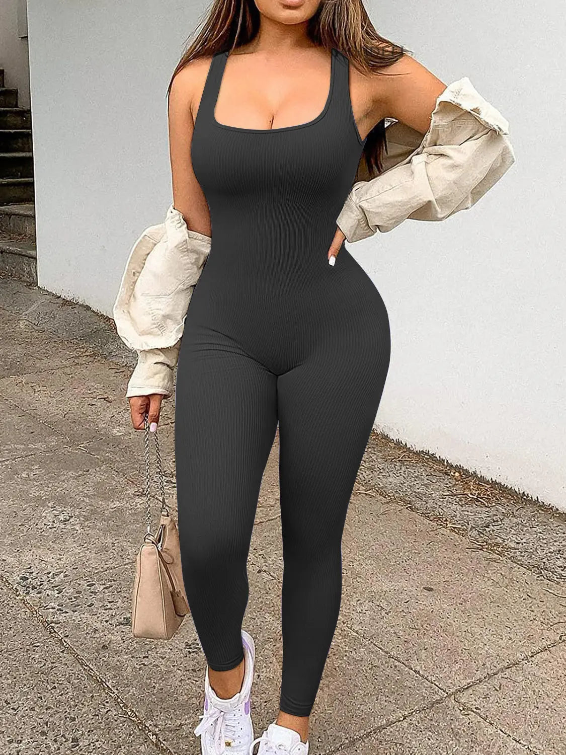 BazaarBey Square Neck Wide Strap Jumpsuit 