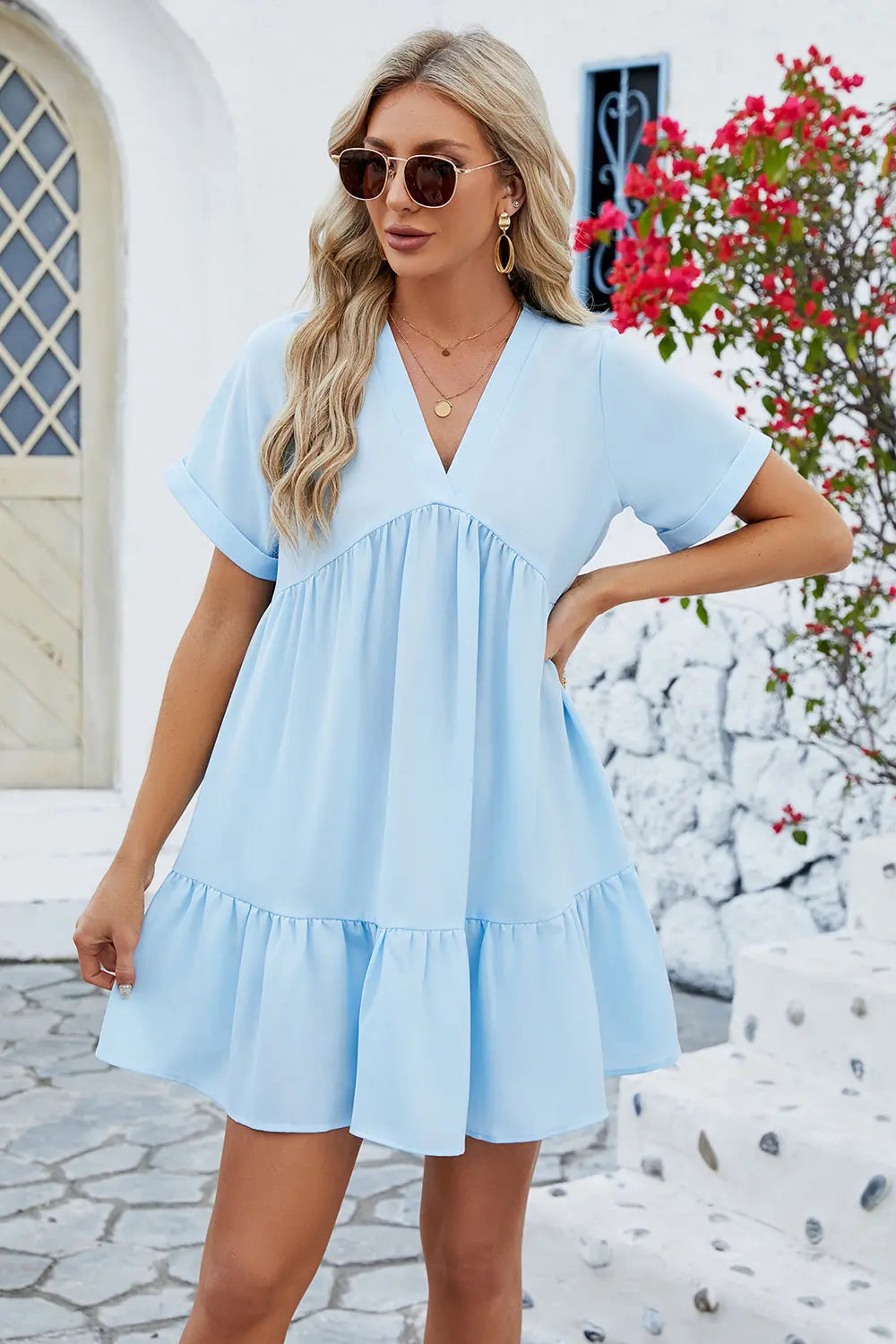 Ruched Tiered V-Neck Short Sleeve Mini Dress -BazaarBey - www.shopbazaarbey.com