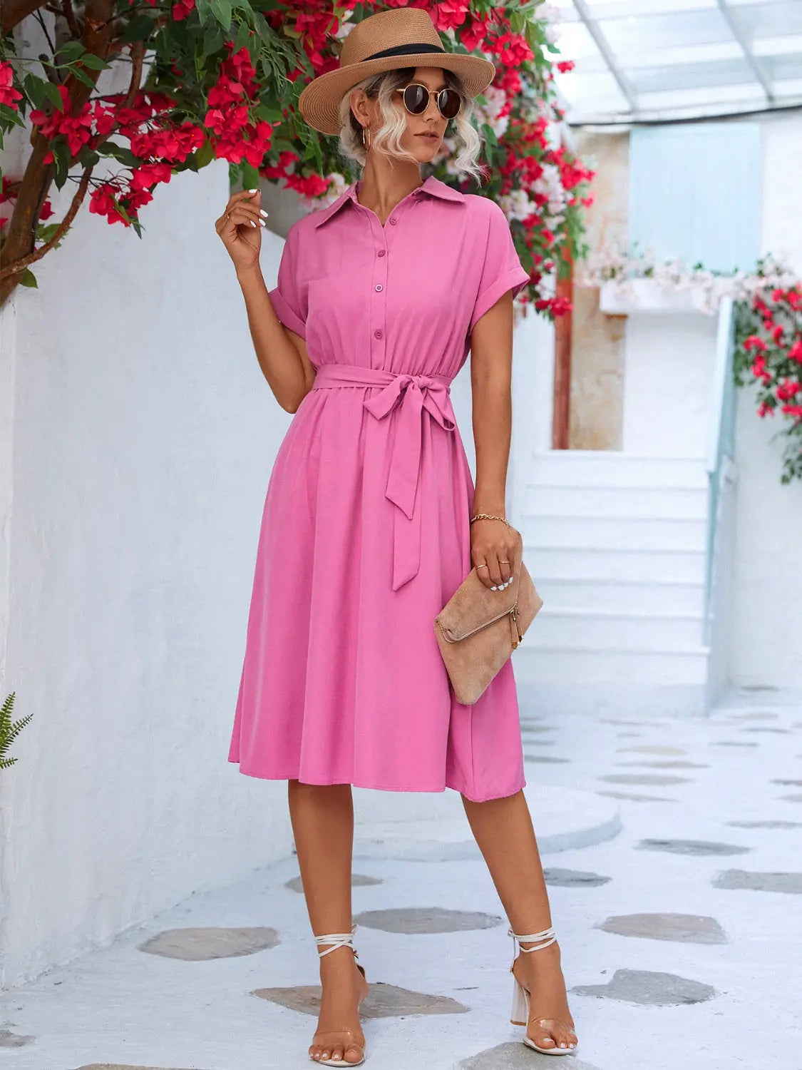Buttoned Tie Waist Short Sleeve Dress -BazaarBey - www.shopbazaarbey.com