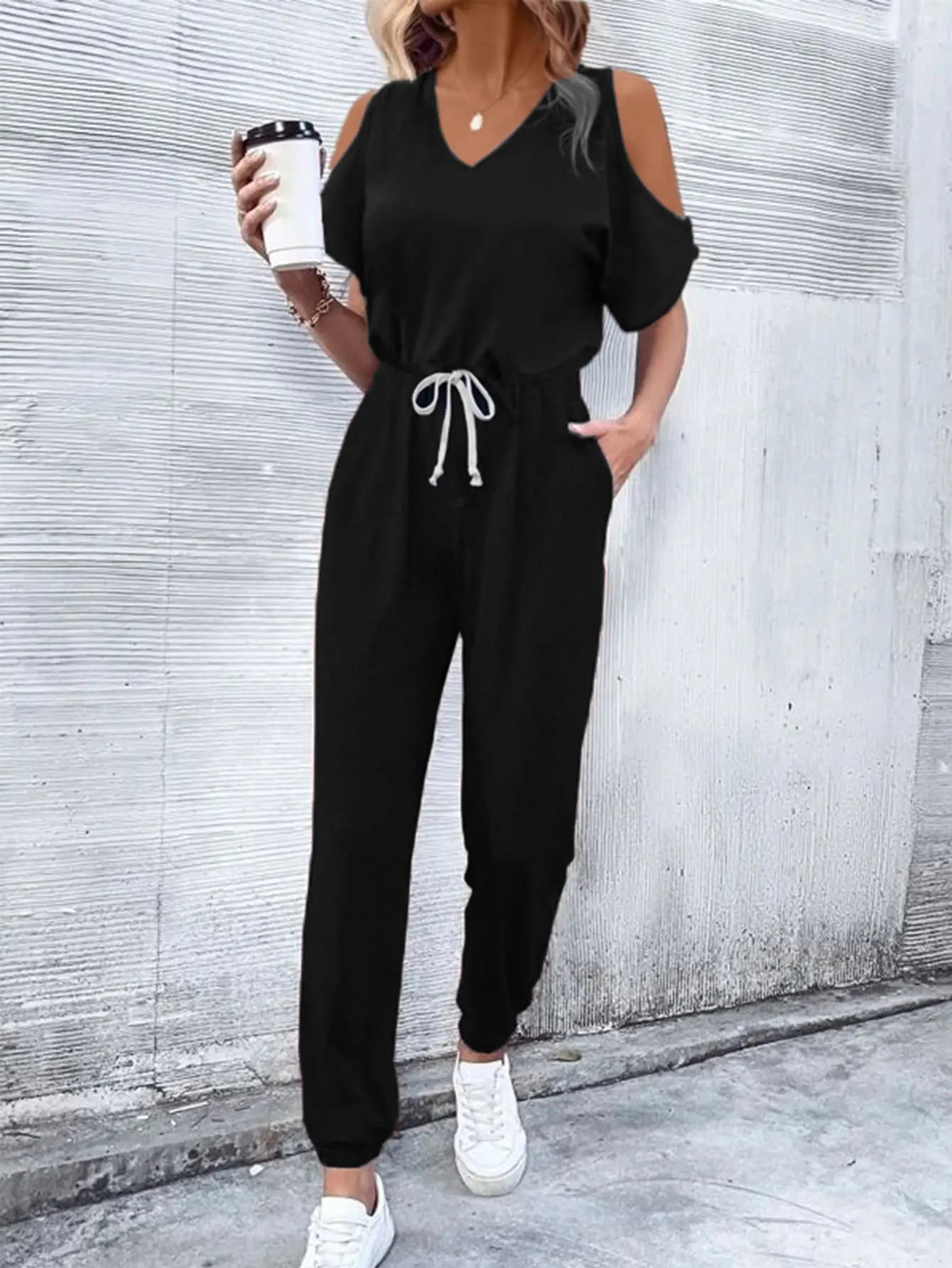 V-Neck Cold-Shoulder Jumpsuit with Pockets Trendsi