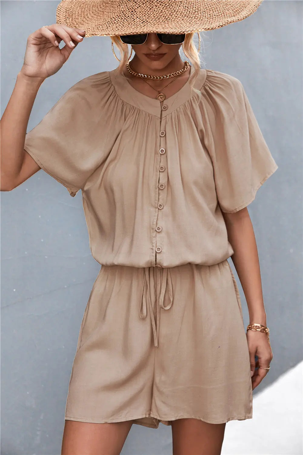 Buttoned Gather Detail Romper Bazaarbey