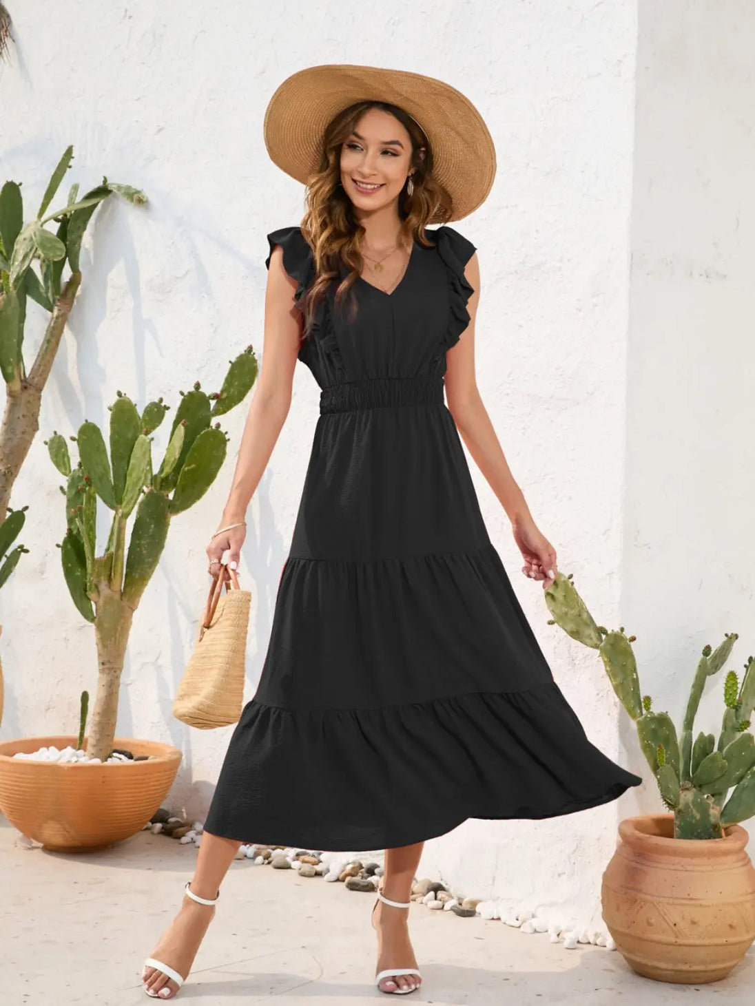 Tiered Ruffled V-Neck Cap Sleeve Dress -BazaarBey - www.shopbazaarbey.com