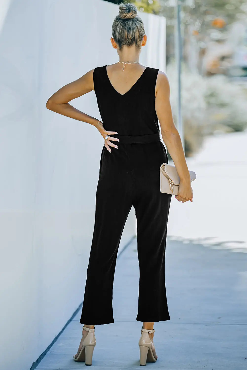 V-Neck Tie Waist Sleeveless Jumpsuit Trendsi