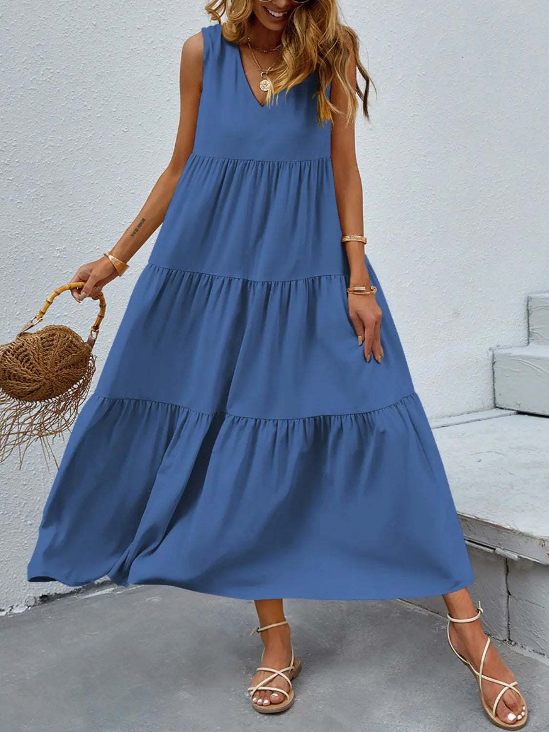 Tiered V-Neck Sleeve Dress -BazaarBey - www.shopbazaarbey.com