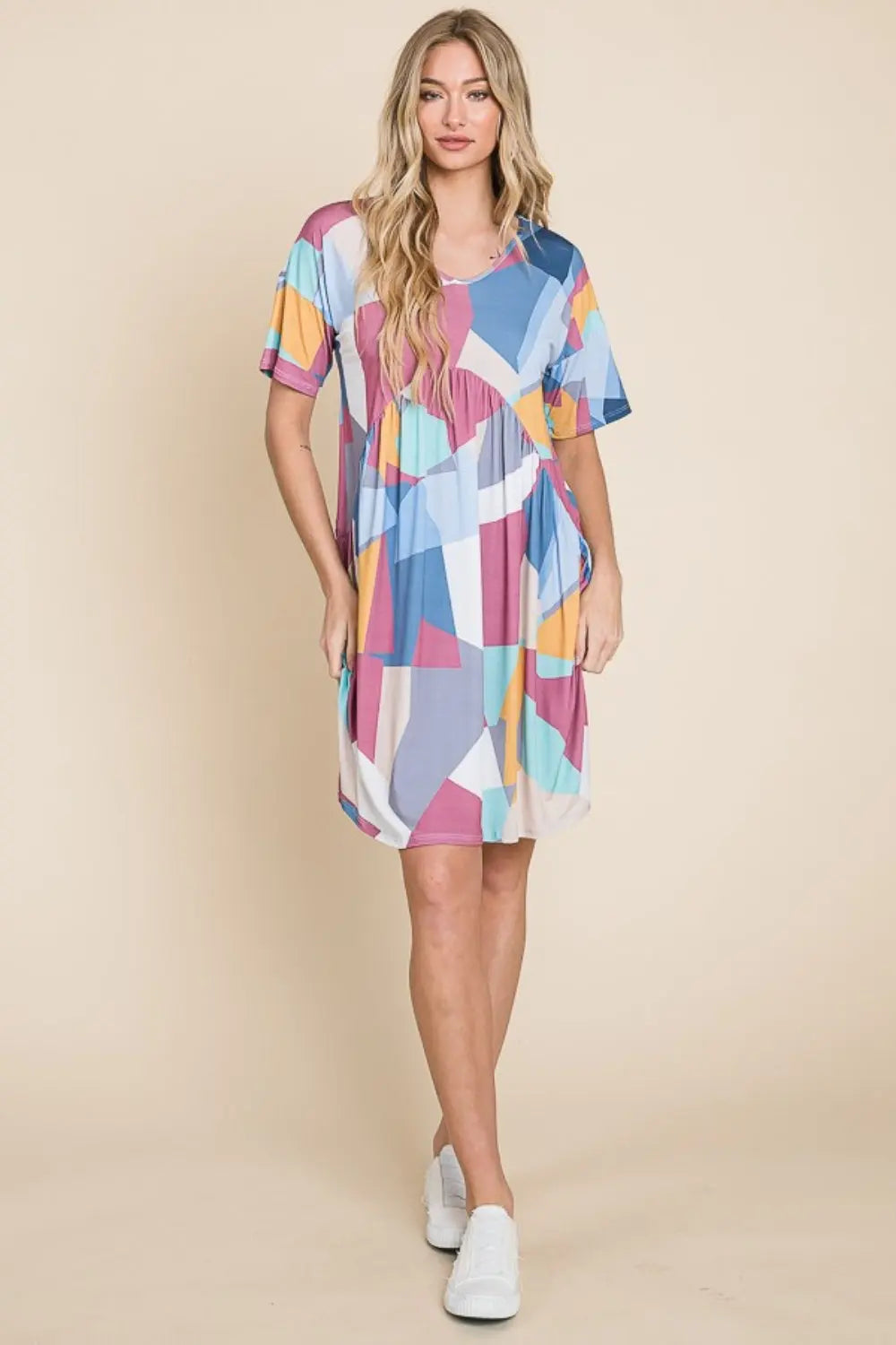 Ruched Color Block Short Sleeve Dress -BazaarBey - www.shopbazaarbey.com