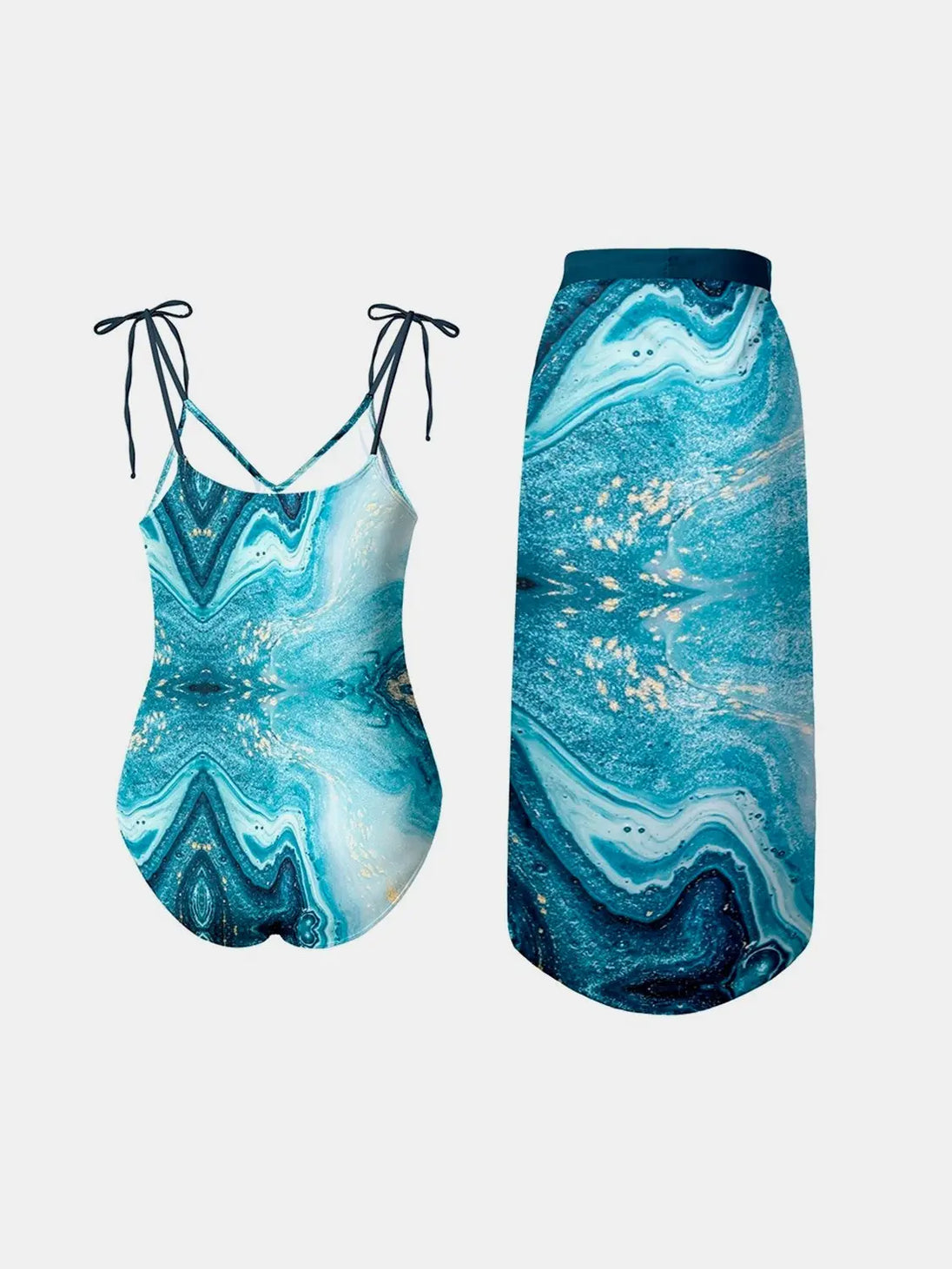Printed Tie Shoulder Swimwear and Skirt Swim Set Trendsi