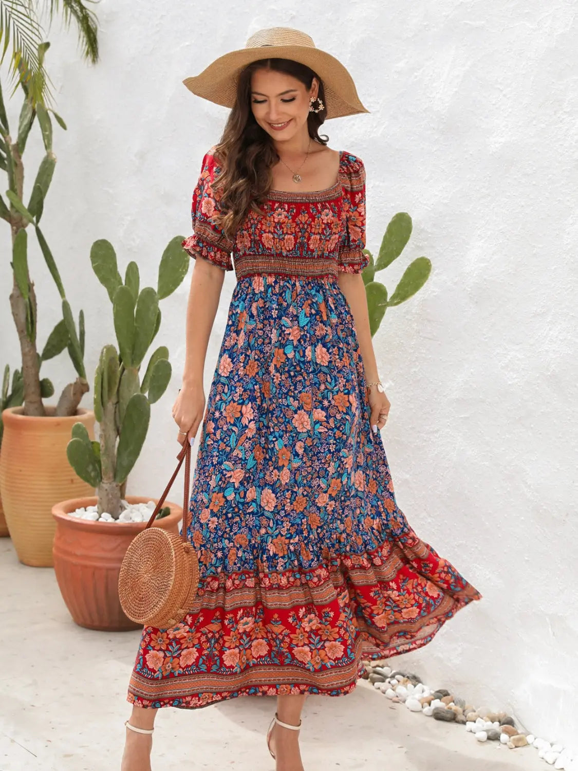 Floral Flounce Sleeve Midi Dress -BazaarBey - www.shopbazaarbey.com