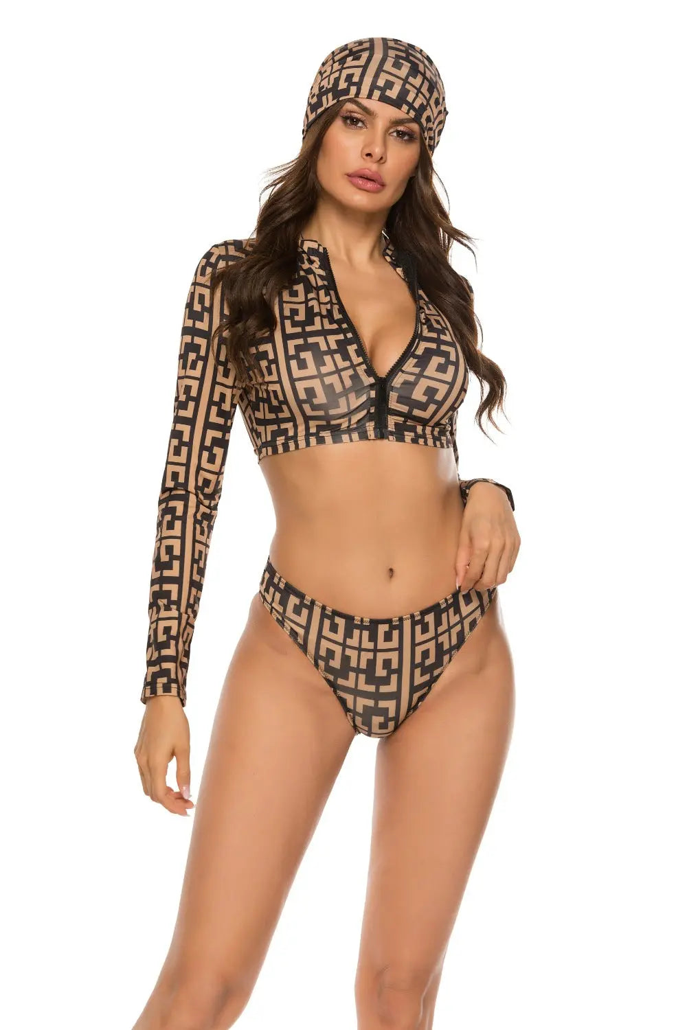 Printed Zip Up Three-Piece Swim Set Trendsi