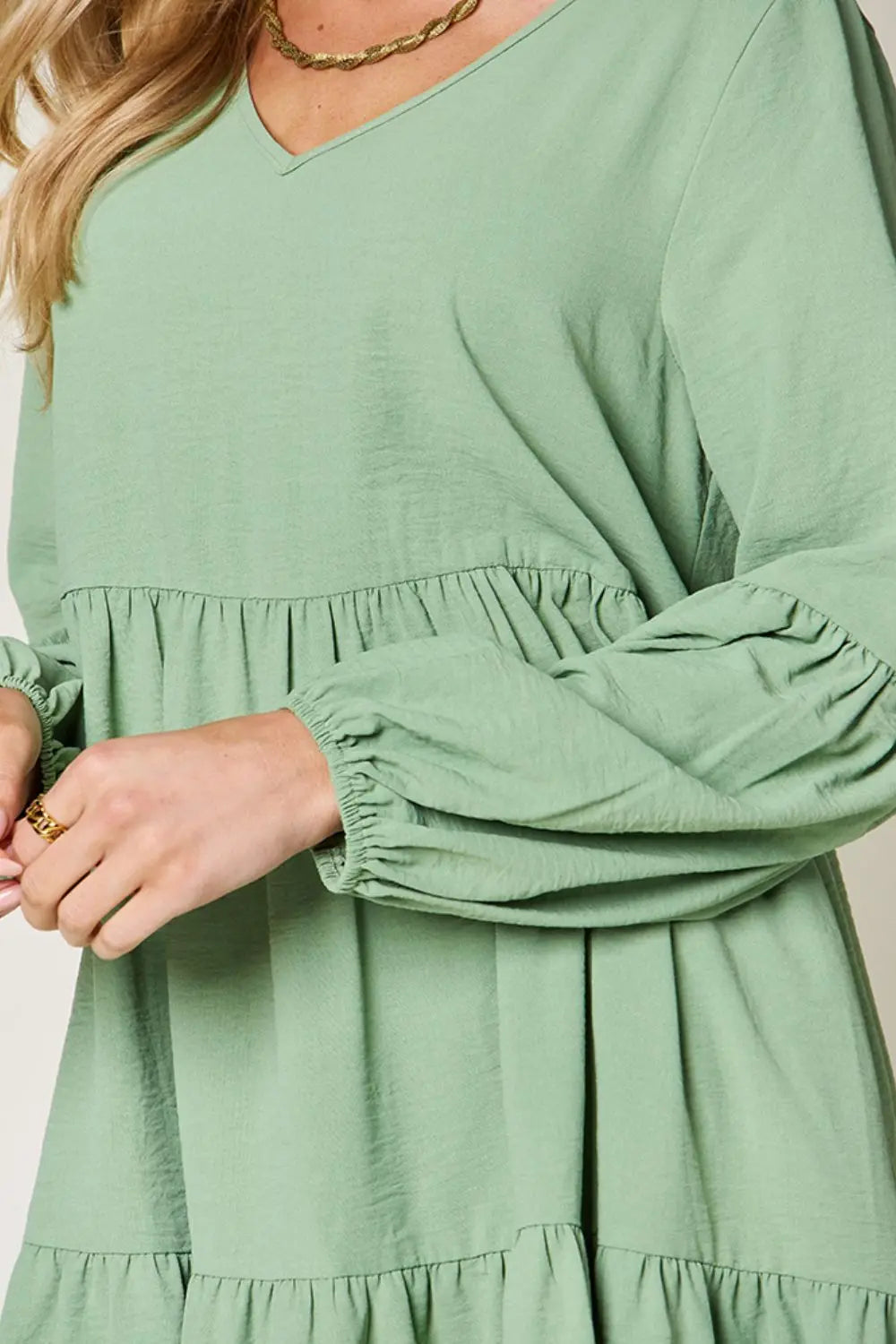  Full Size V-Neck Balloon Sleeve Tiered Dress -BazaarBey - www.shopbazaarbey.com