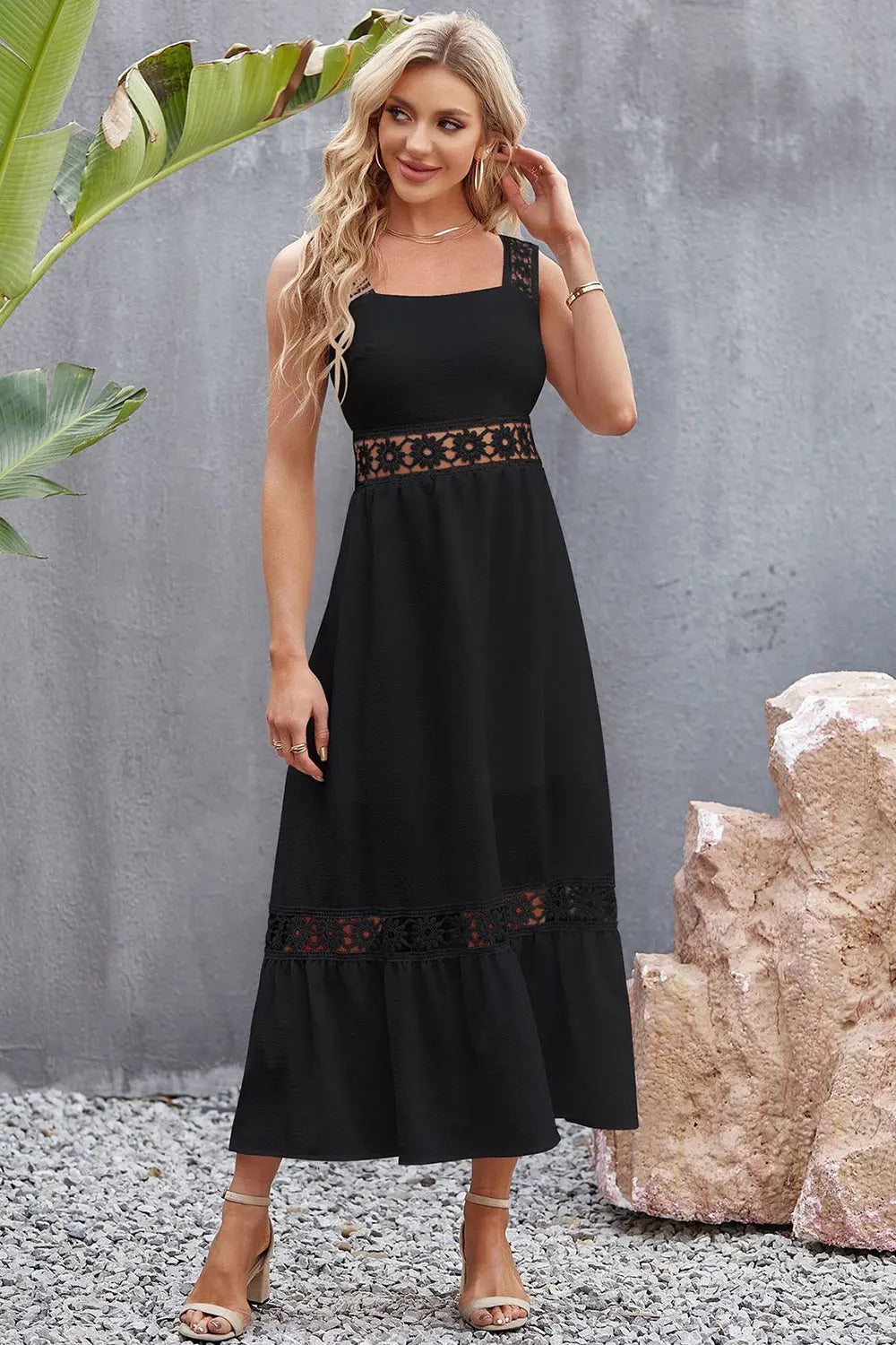 Flower Crochet Wide Strap Midi Dress -BazaarBey - www.shopbazaarbey.com