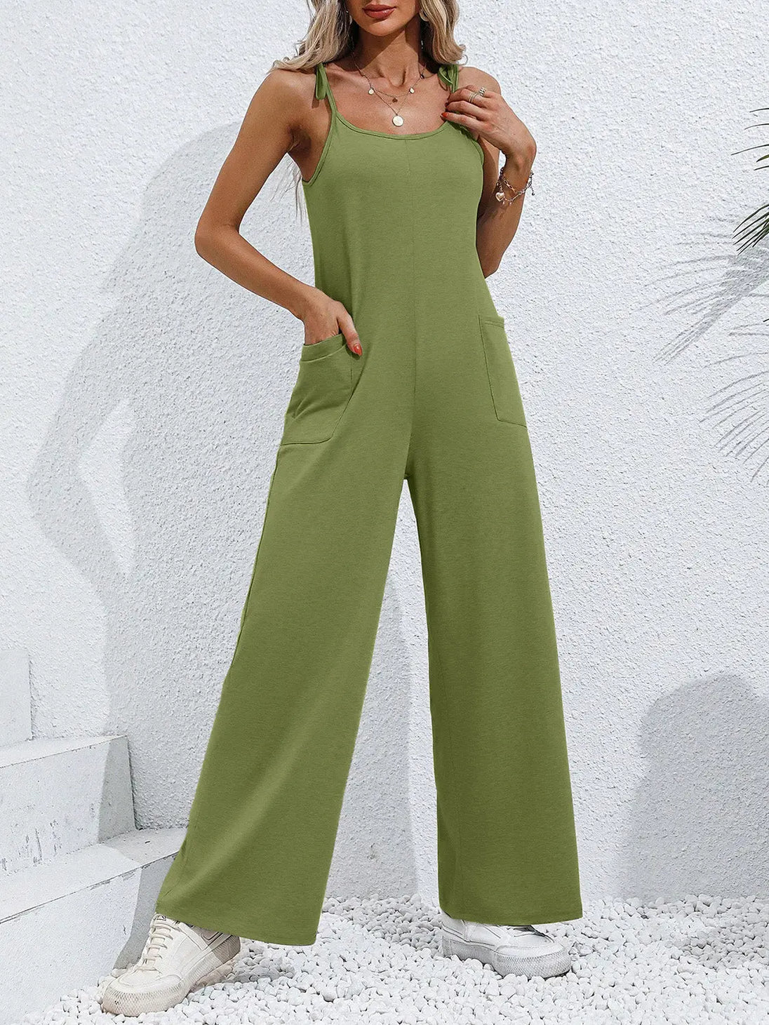 Tie-Shoulder Wide Leg Jumpsuit with Pockets Trendsi
