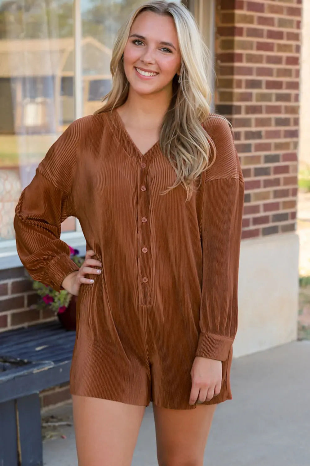 BazaarBey Ribbed V-Neck Half Buttoned Romper 