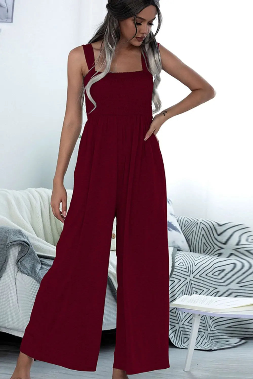 Square Neck Sleeveless Pocket Jumpsuit Trendsi