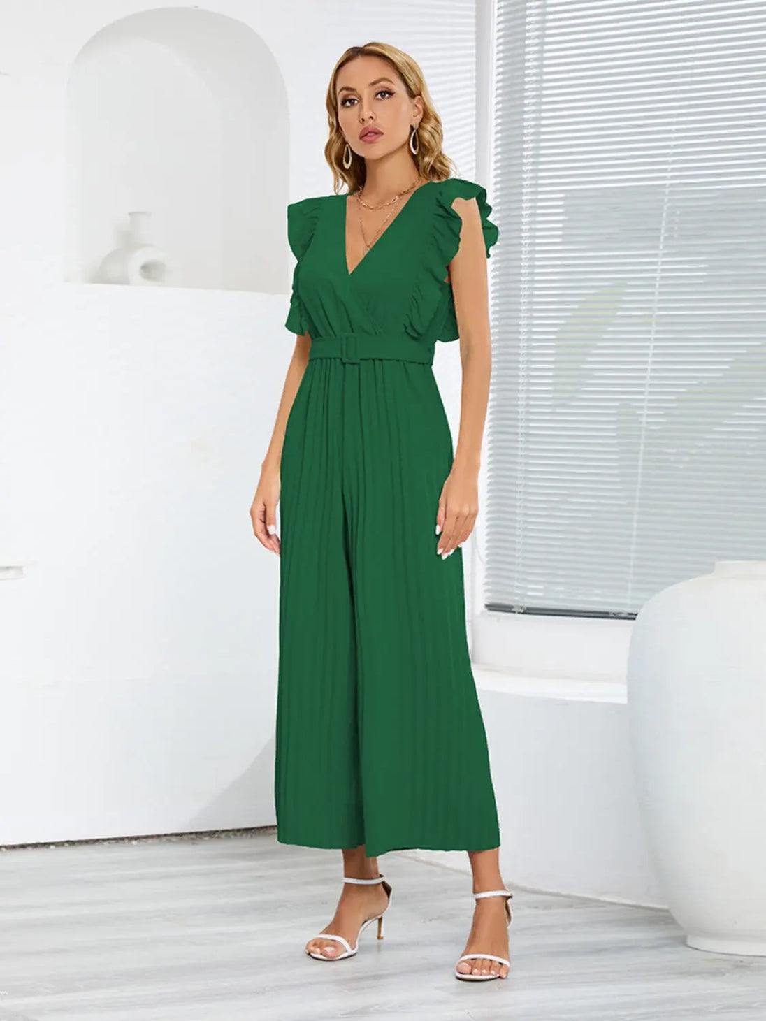 Ruffled Surplice Cap Sleeve Jumpsuit Trendsi