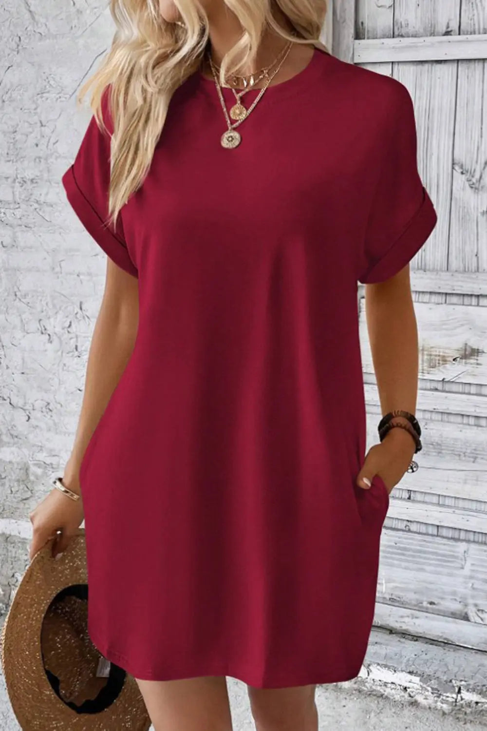 Pocketed Round Neck Short Sleeve Dress -BazaarBey - www.shopbazaarbey.com