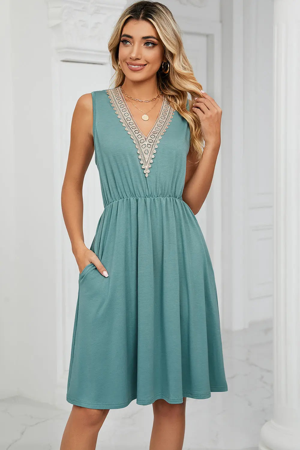 Pocketed V-Neck Wide Strap Dress -BazaarBey - www.shopbazaarbey.com