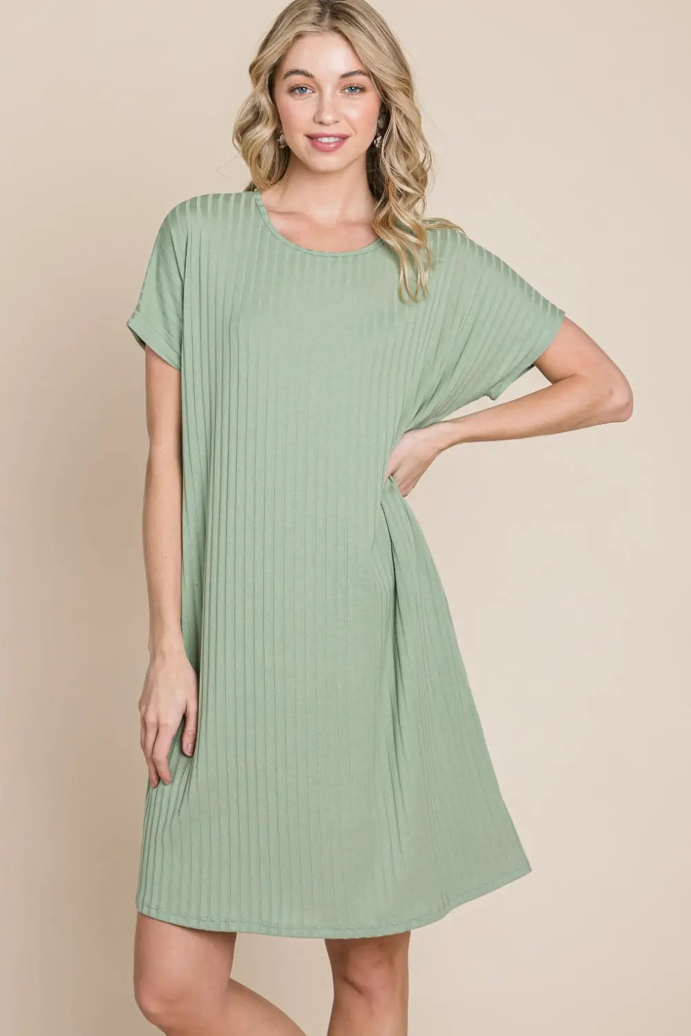  Ribbed Round Neck Short Sleeve Dress -BazaarBey - www.shopbazaarbey.com