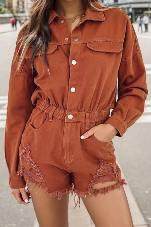 BazaarBey Distressed Raw Hem Snap Down Romper 