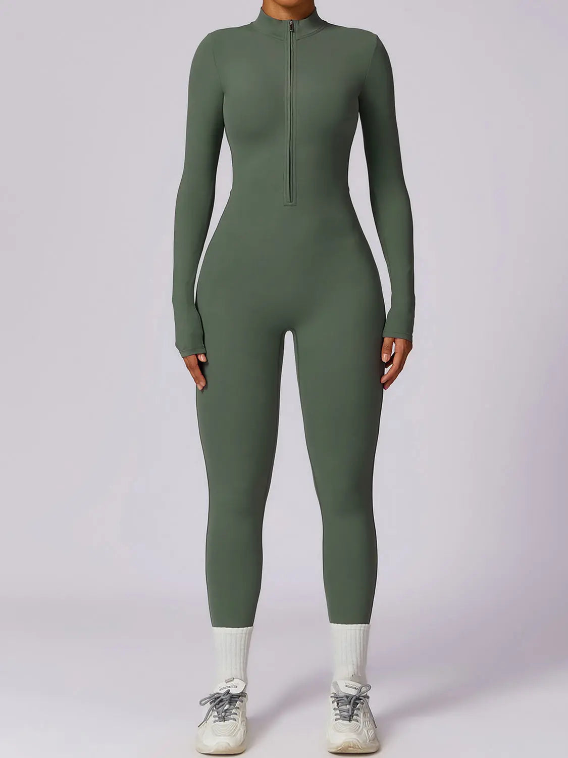 Zip Up Mock Neck Long Sleeve Jumpsuit Trendsi