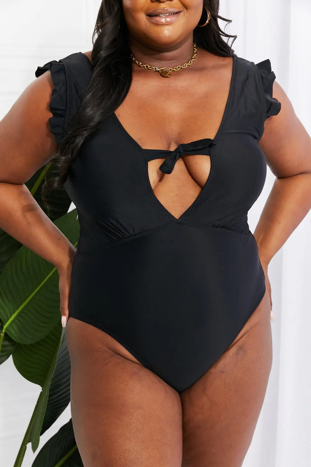  Swim Seashell Ruffle Sleeve One-Piece in Black Trendsi