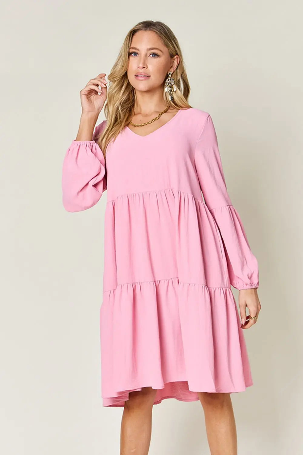  Full Size V-Neck Balloon Sleeve Tiered Dress -BazaarBey - www.shopbazaarbey.com