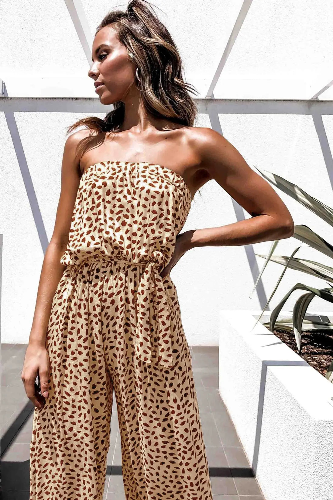 Printed Strapless Tie Waist Wide Leg Jumpsuit Trendsi