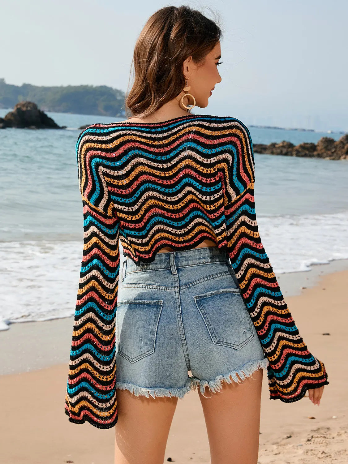 Striped Boat Neck Long Sleeve Cover Up Trendsi