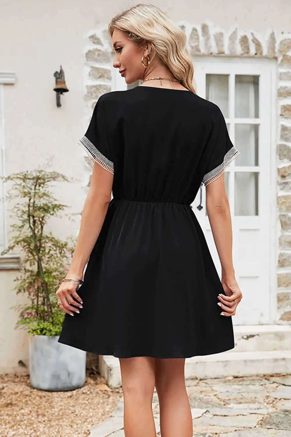 Tassel V-Neck Short Sleeve Dress -BazaarBey - www.shopbazaarbey.com