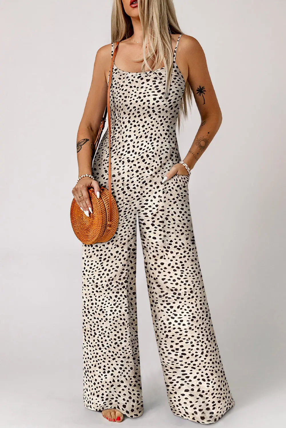 Printed Spaghetti Strap Jumpsuit with Pockets Trendsi