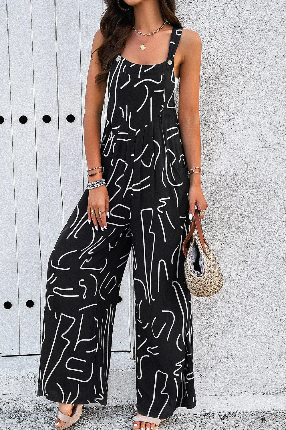 Printed Wide Strap Jumpsuit with Pockets Trendsi