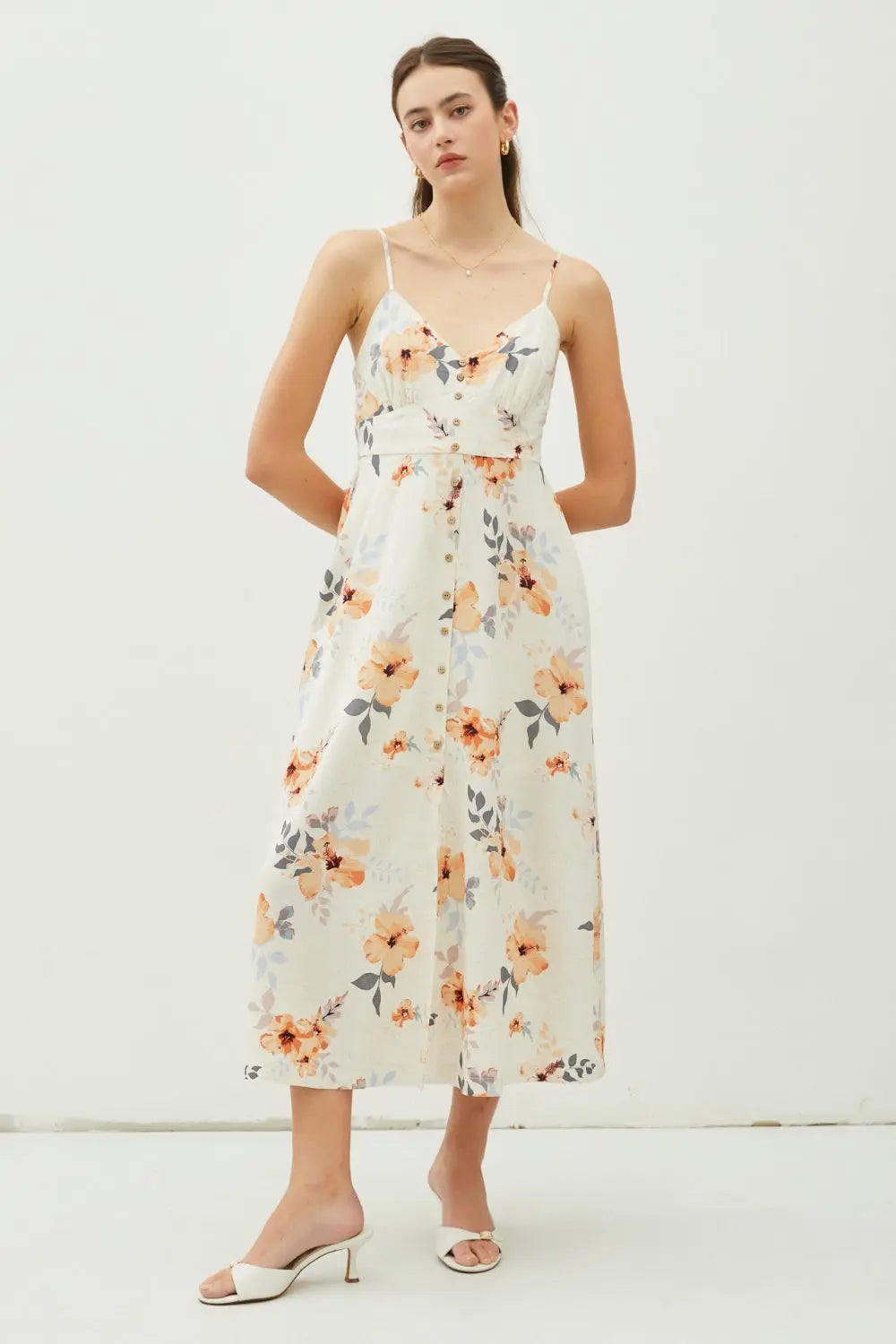  Floral Button Down Cami Midi Dress -BazaarBey - www.shopbazaarbey.com