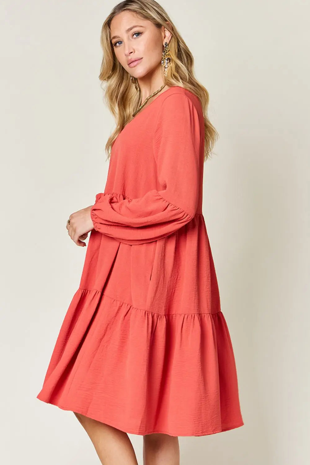  Full Size V-Neck Balloon Sleeve Tiered Dress -BazaarBey - www.shopbazaarbey.com