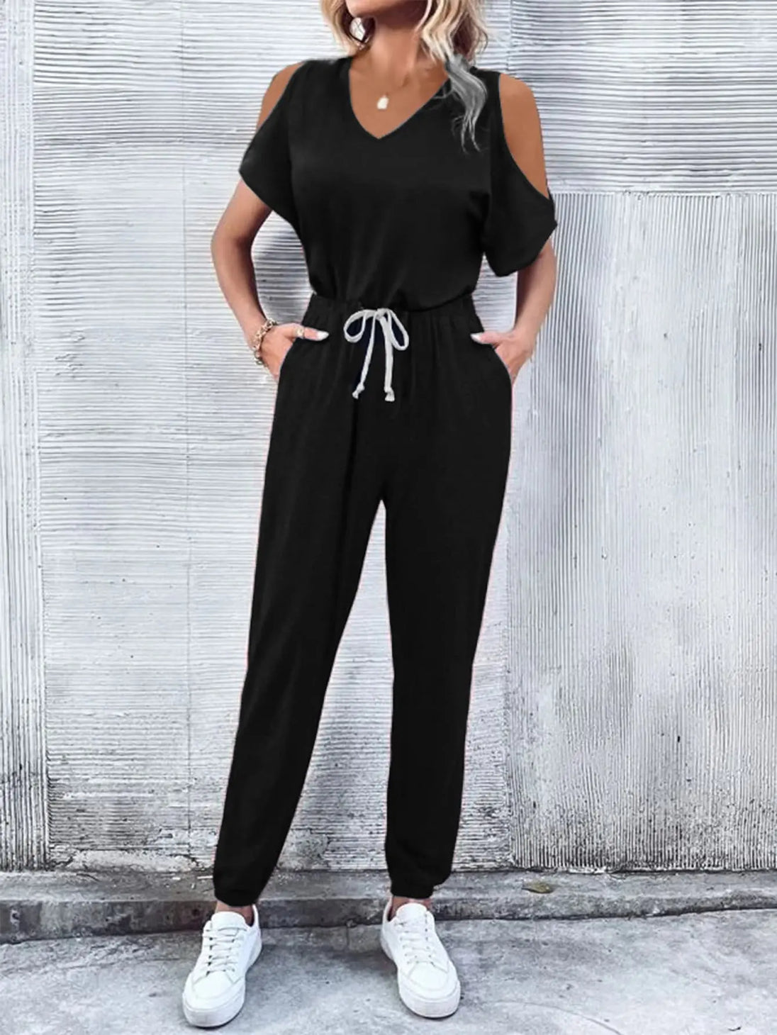 V-Neck Cold-Shoulder Jumpsuit with Pockets Trendsi