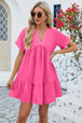 Ruched Tiered V-Neck Short Sleeve Mini Dress -BazaarBey - www.shopbazaarbey.com