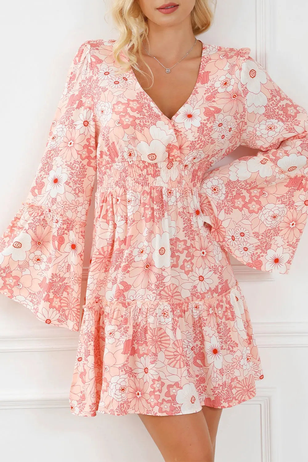 Smocked Printed Flare Sleeve Mini Dress -BazaarBey - www.shopbazaarbey.com