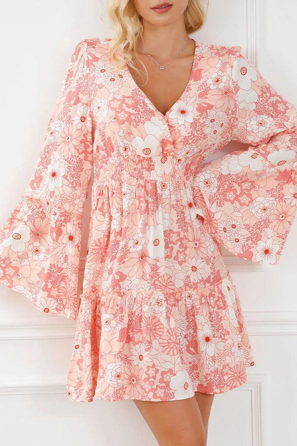 Smocked Printed Flare Sleeve Mini Dress -BazaarBey - www.shopbazaarbey.com