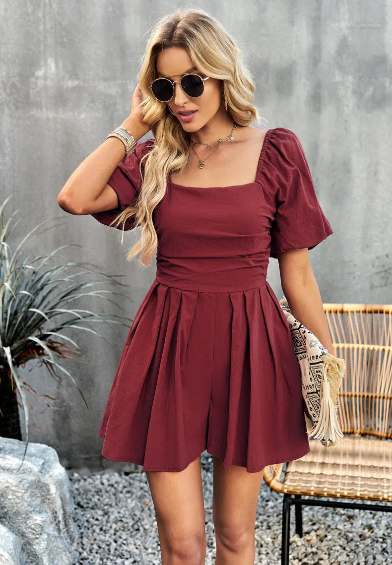 Square Neck Short Sleeve Smocked Romper Trendsi