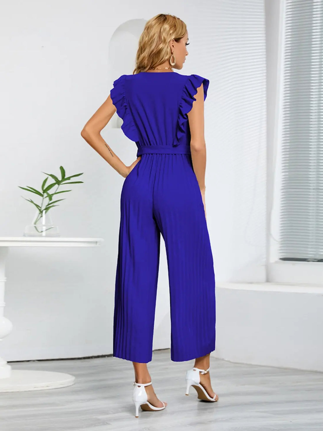 Ruffled Surplice Cap Sleeve Jumpsuit Trendsi