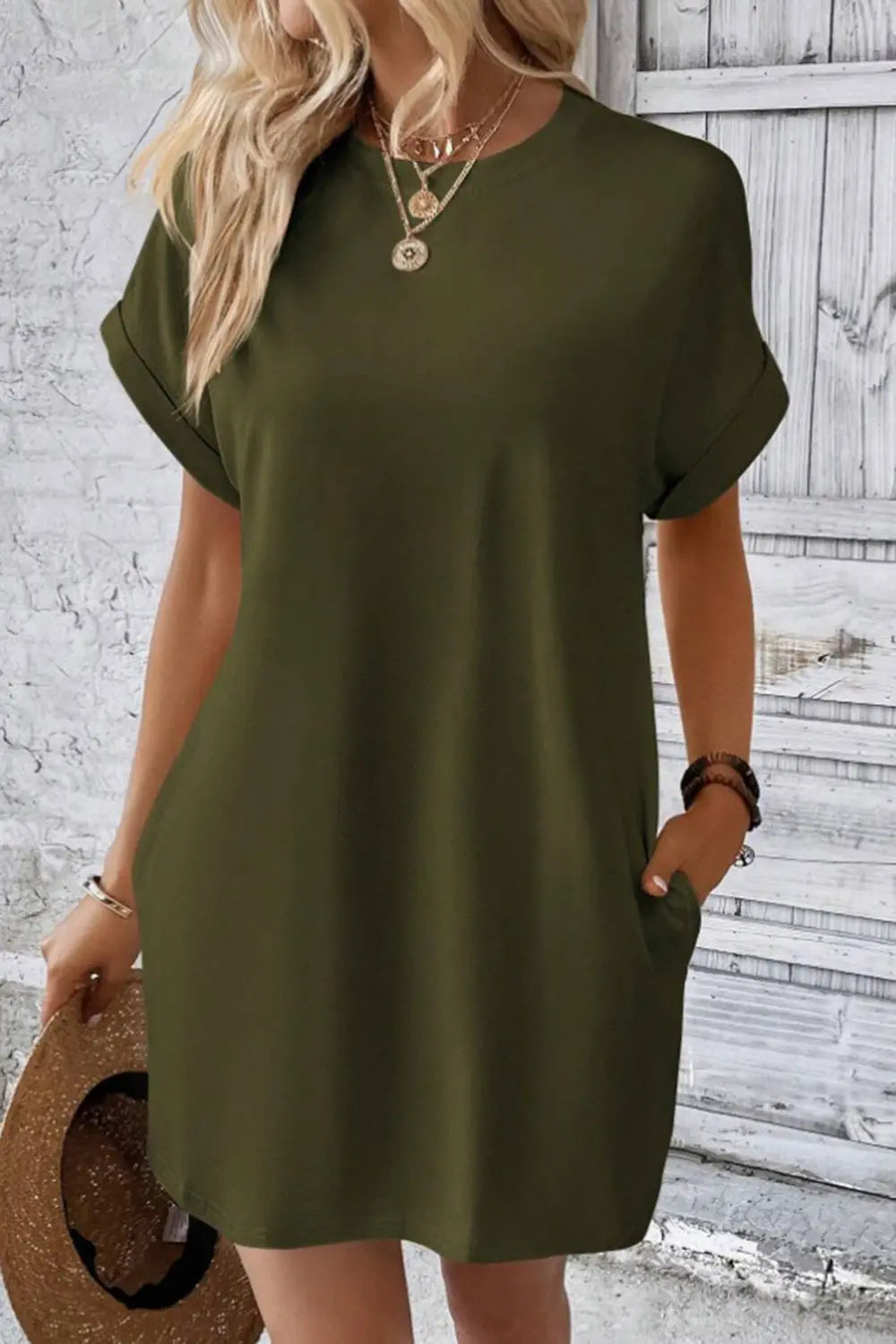 Pocketed Round Neck Short Sleeve Dress -BazaarBey - www.shopbazaarbey.com
