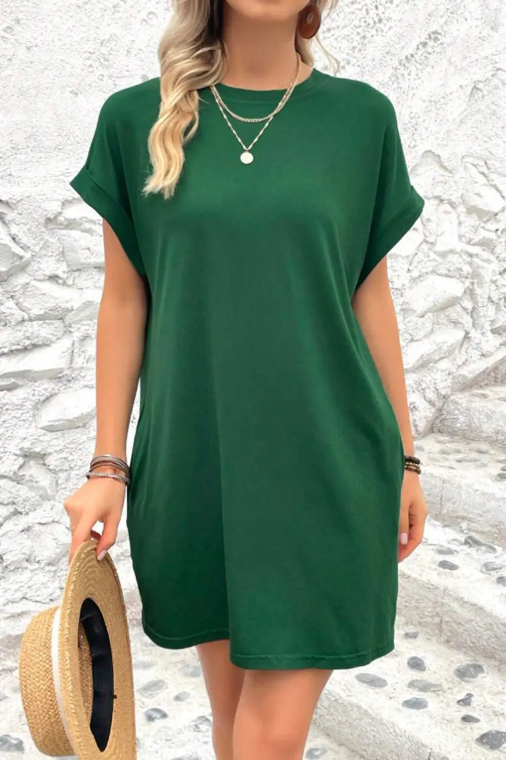 Pocketed Round Neck Short Sleeve Dress -BazaarBey - www.shopbazaarbey.com