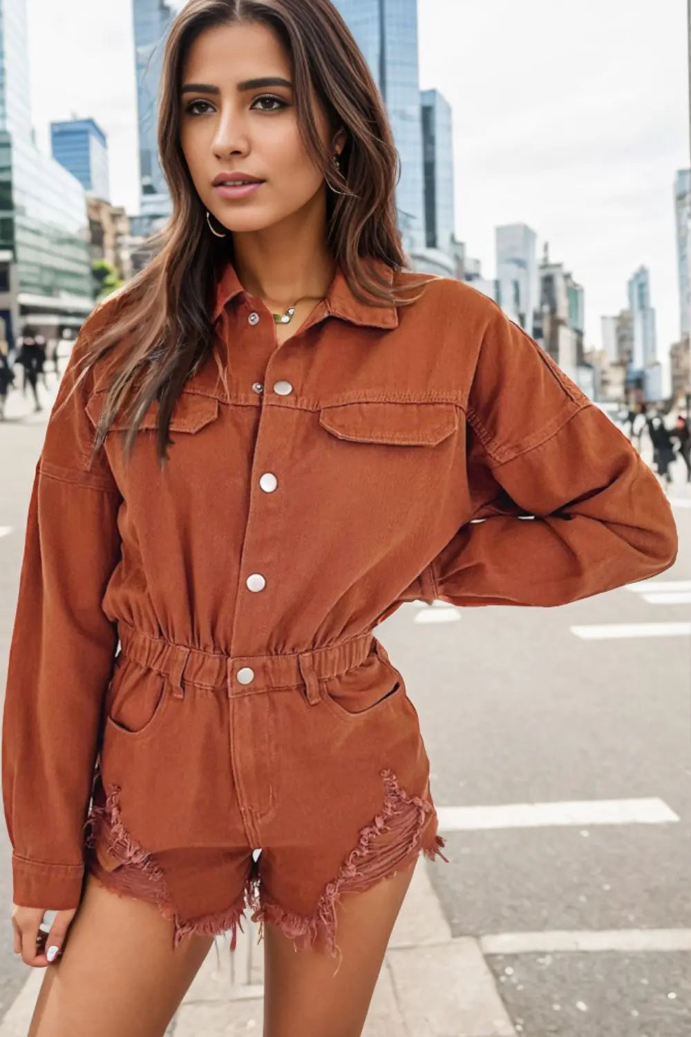 Distressed Raw Hem Snap Down Romper Trendsi