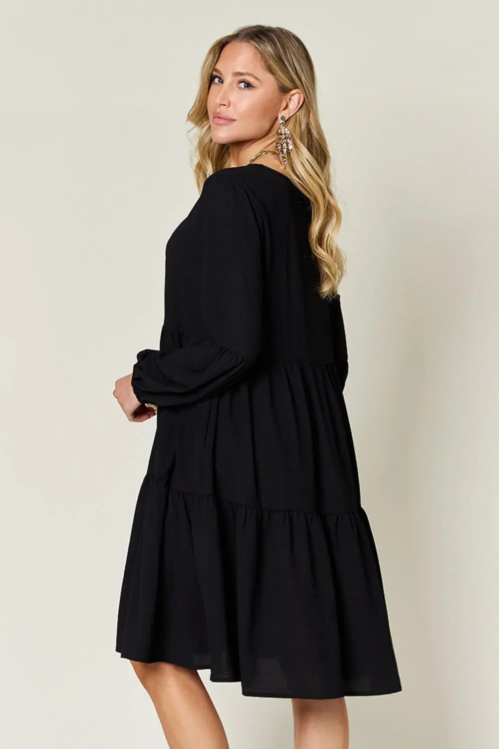  Full Size V-Neck Balloon Sleeve Tiered Dress -BazaarBey - www.shopbazaarbey.com