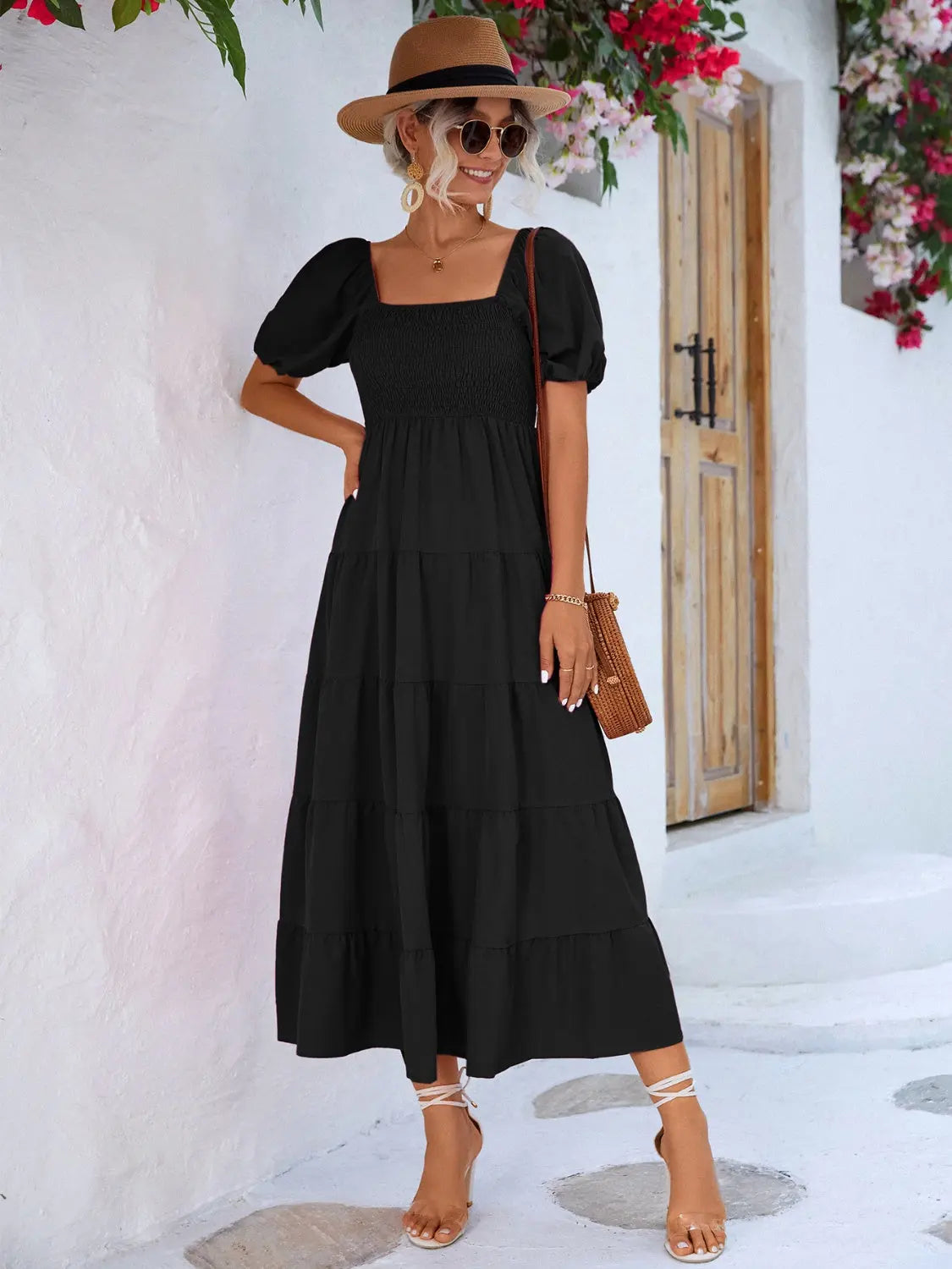 Tiered Smocked Short Sleeve Dress -BazaarBey - www.shopbazaarbey.com
