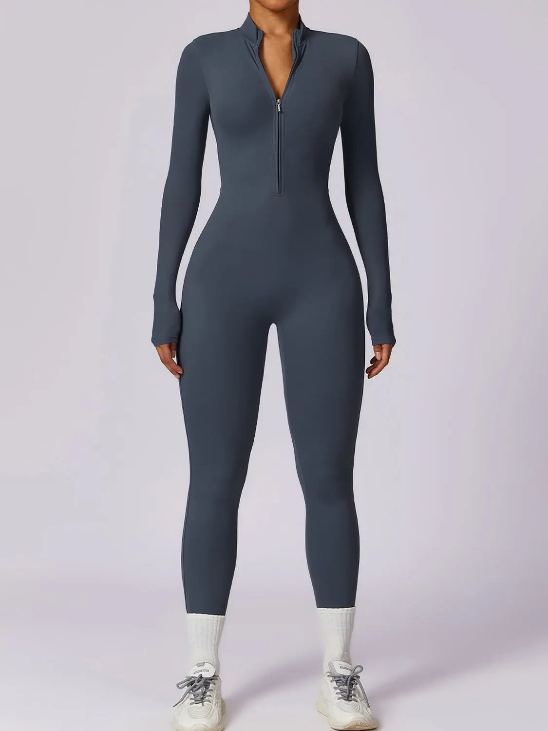 Zip Up Mock Neck Long Sleeve Jumpsuit Trendsi