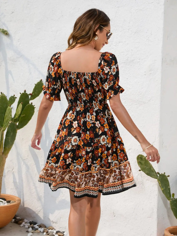 Printed Square Neck Short Sleeve Dress -BazaarBey - www.shopbazaarbey.com