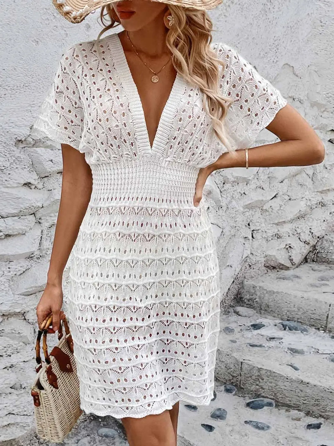 Openwork Plunge Short Sleeve Cover-Up Dress Trendsi