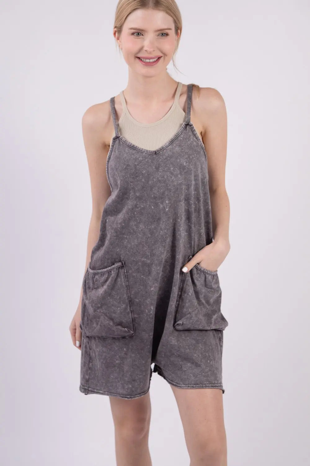  V-Neck Sleeveless Washed Romper Trendsi